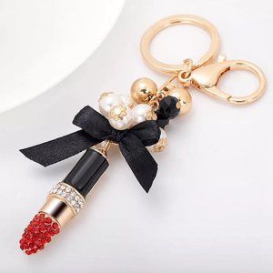 Crystal Embellished Black and Red Lipstick and Pearls Keychain/Bag Charm NWT